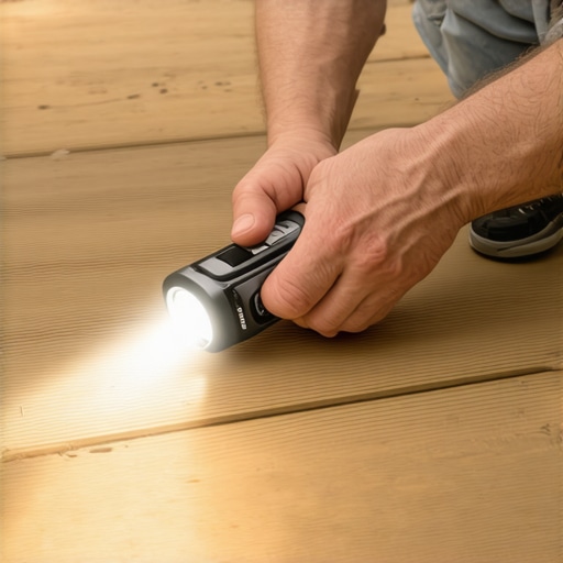 Person using moisture meter and LED flashlight to check composite deck condition