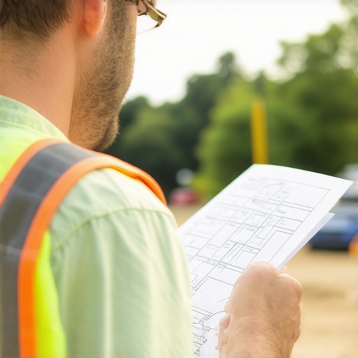 Person checking permit plans outdoors with construction tools