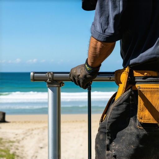 A skilled worker attaching aluminum railing posts on a seaside deck with tools and a level