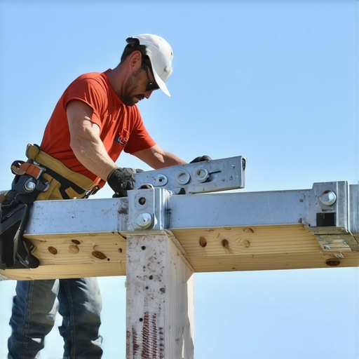Close-up of a builder attaching galvanized joist hangers to wooden beams in a backyard deck construction