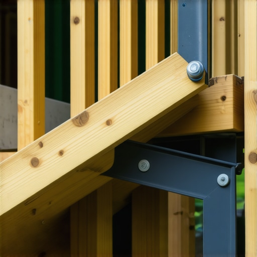 Image showing a person attaching steel brackets to wooden stair stringers in an outdoor deck setting.