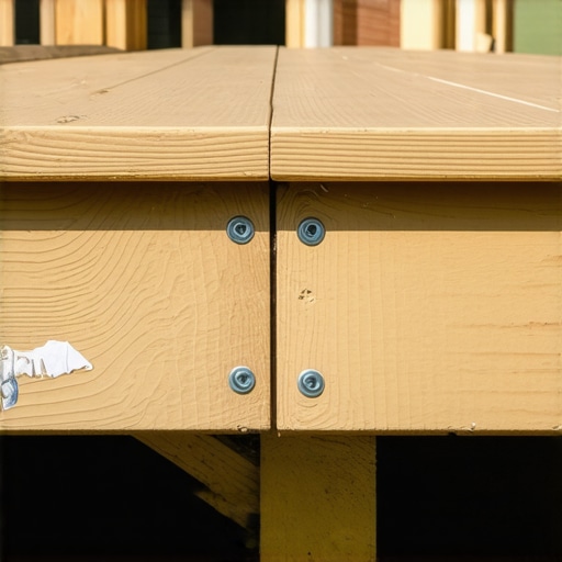 Close-up of a properly installed deck ledger flashing with sealant and fasteners in an outdoor setting