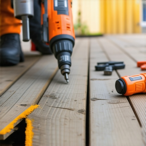 Close-up of a hand operating a cordless drill during deck maintenance