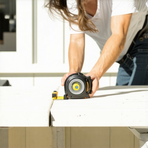 Person measuring counter height with tape measure on a small deck