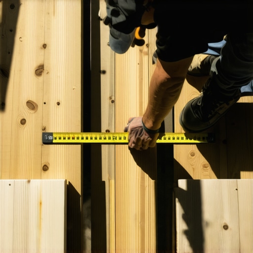 Builder measuring joist spacing on a wooden deck with a tape measure.