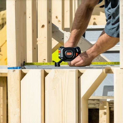 Close-up of measuring and marking stringer cuts for outdoor stairs with a tape measure and framing square