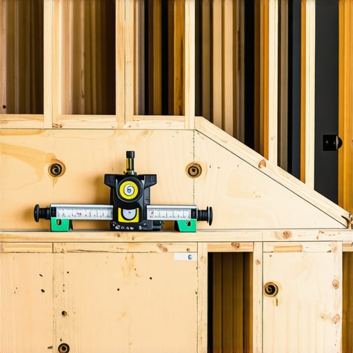 Close-up of a carpenter's measuring tape, level, and framing materials during staircase construction