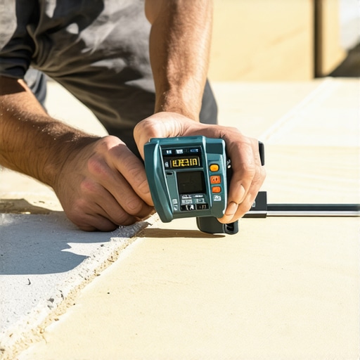 Close-up of a person using a digital caliper to measure gaps between stair stringers during outdoor staircase construction.
