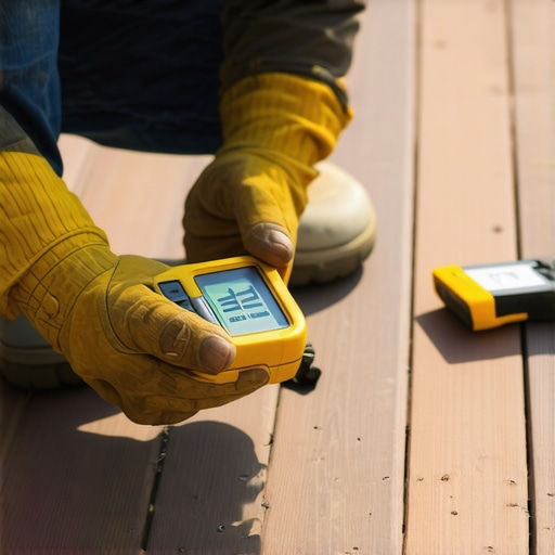 A person measuring moisture levels in composite decking with a digital moisture meter during outdoor maintenance