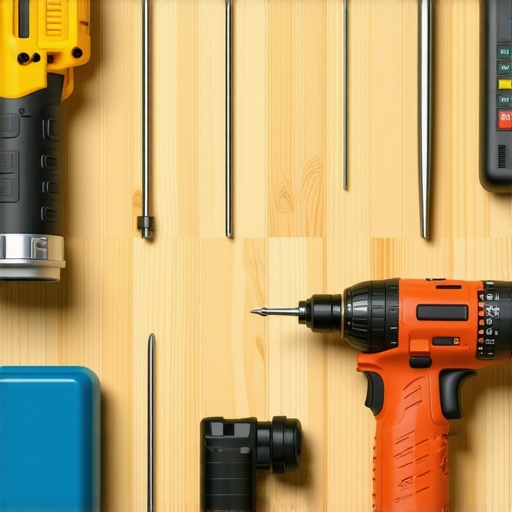 Various professional tools for outdoor construction and maintenance displayed on a workbench.