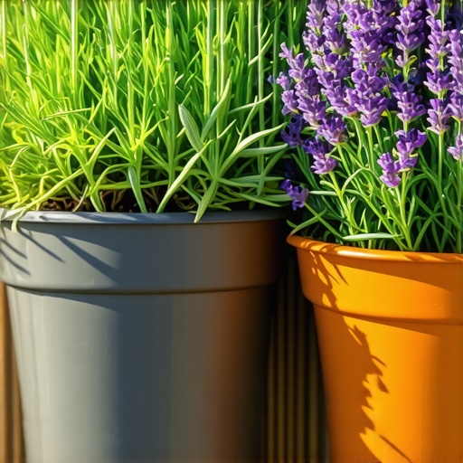 Potted citronella and lavender plants on a deck