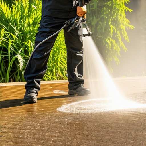 A person cleaning a composite deck with a pressure washer to maintain its appearance.