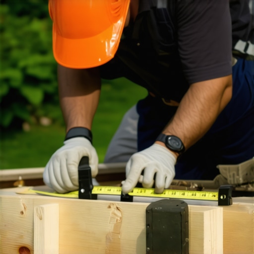 Worker measuring and leveling deck framing during construction.