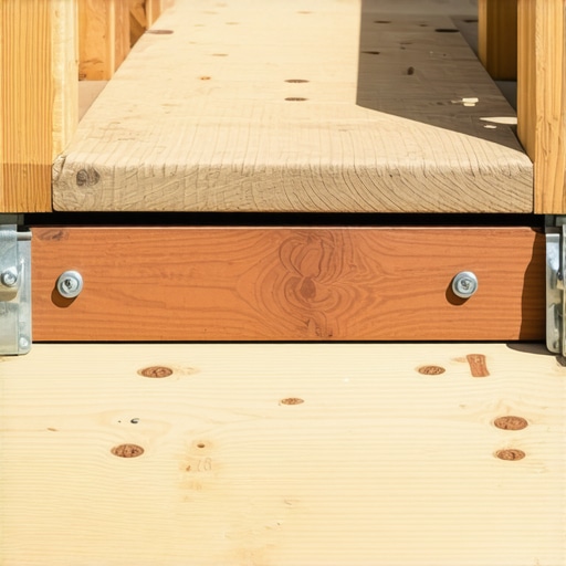 Close-up of sturdy, reinforced outdoor deck stairs showing new pressure-treated stringers and metal support brackets