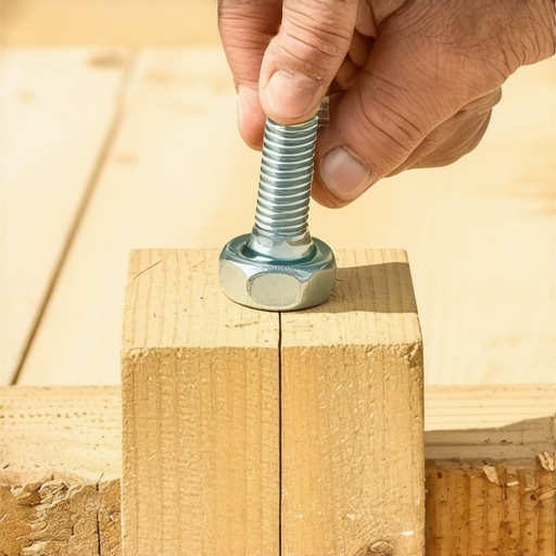 A person securing a galvanized lag bolt into a wooden outdoor railing post for stability