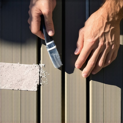 Person filling scratch on composite decking with repair compound and sanding to match the grain.
