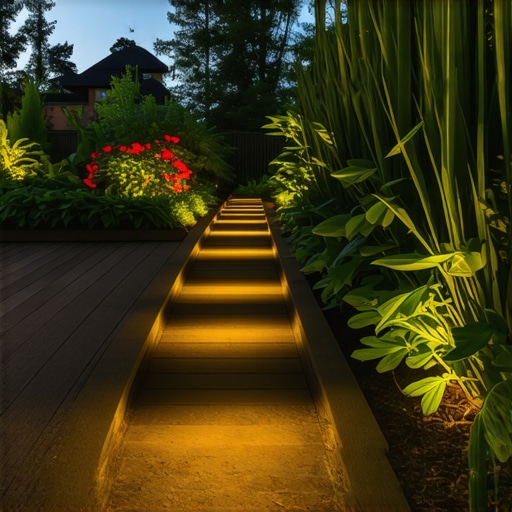 A beautifully illuminated outdoor deck and garden path with warm lighting that creates a cohesive and inviting atmosphere.