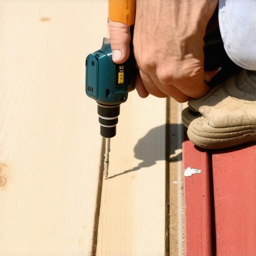 Person tightening screws on composite deck boards with a power drill.