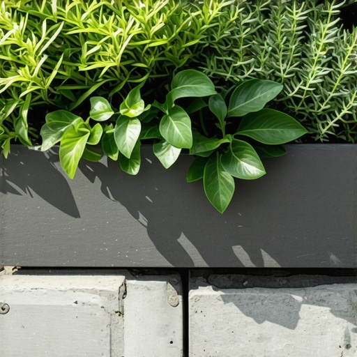 A wooden deck with a built-in planter covering a concrete footing, filled with green plants and flowers.