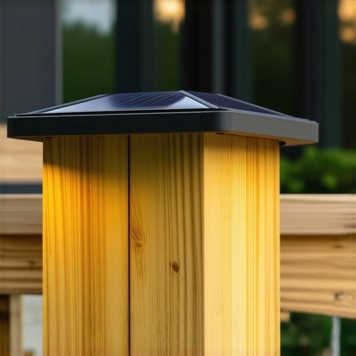 Close-up of a solar post cap with integrated lighting being installed on a wooden deck post