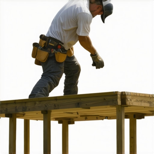 Carpenter installing support posts for a multi-level deck on uneven ground