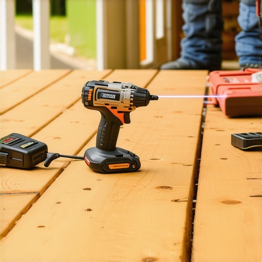 Homeowner using impact driver and laser distance meter on outdoor deck