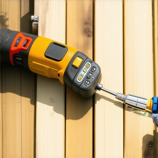 Homeowner inspecting and maintaining wooden deck with moisture meter and impact driver