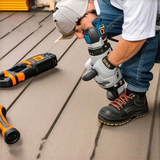 Using Impact Driver for Deck Fastening A person in work gloves driving a fastener into composite decking with an impact driver