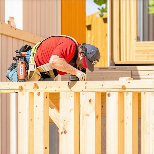Homeowner ensuring perfect alignment while building or maintaining a deck with a laser level.