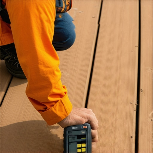 A person measuring moisture levels on a composite deck with a digital moisture meter