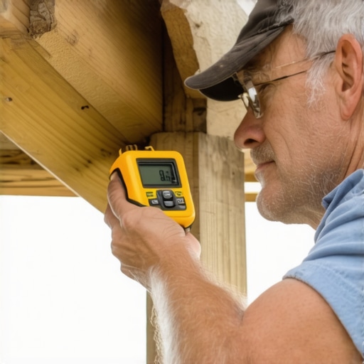 A person applying a moisture meter to a deck support beam to check for water content