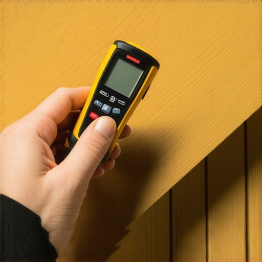 Homeowner testing moisture levels on outdoor stairs with a digital moisture meter.