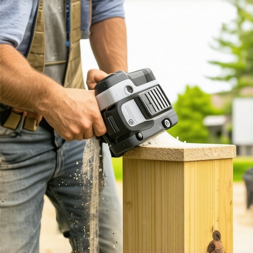 Homeowner carefully sanding outdoor deck post with a multi-tool for maintenance.