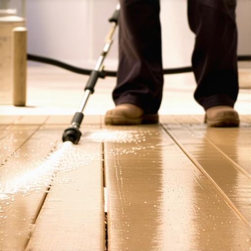 A person using a high-pressure power washer to clean a composite deck, showcasing effective cleaning techniques.
