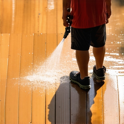 Homeowner cleaning a composite deck with a pressure washer to remove dirt and mold