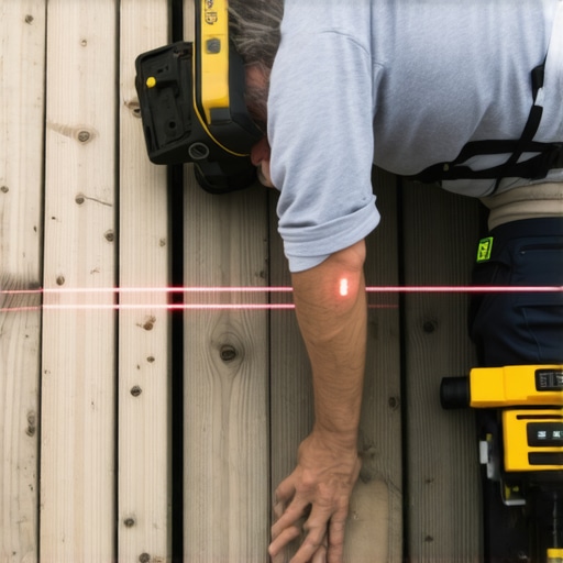A person holding a laser level pointing at a wooden deck to check evenness