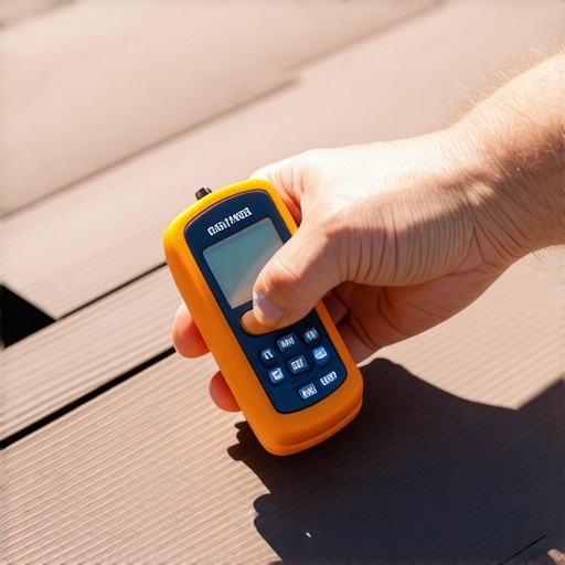 Homeowner measuring moisture levels on a composite deck to check for water intrusion and potential algae growth.
