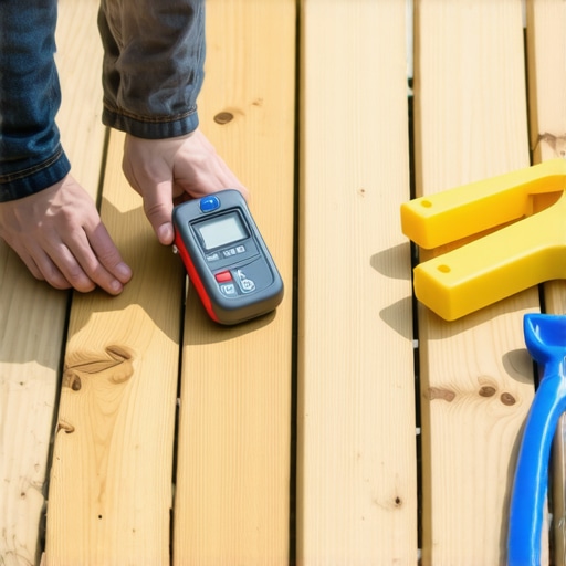 Person testing moisture level on outdoor wooden deck with a moisture meter