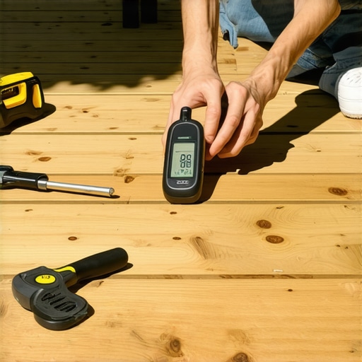 Person checking moisture levels on deck surface with a moisture meter and outdoor tools.