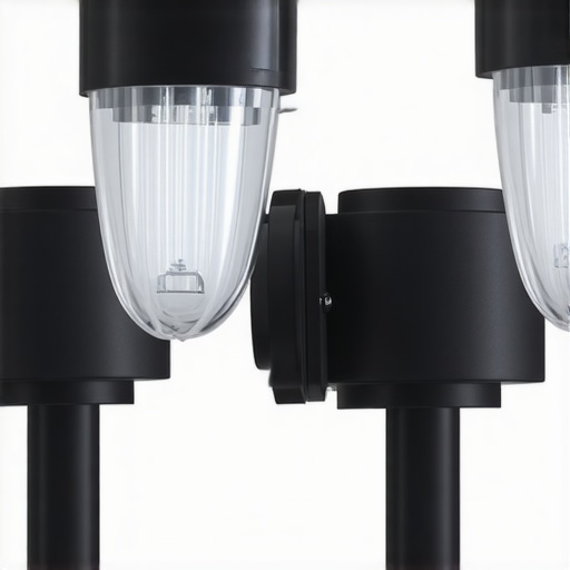 Close-up view of waterproof outdoor lighting fixtures with sealed connections