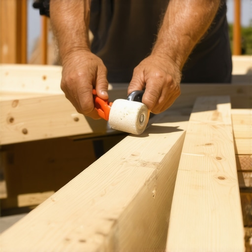 Person applying waterproof tape to deck joist ends for protection against moisture