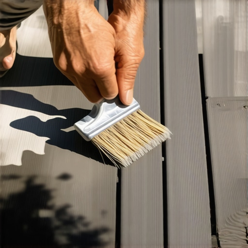 Person sealing a composite deck surface with a brush