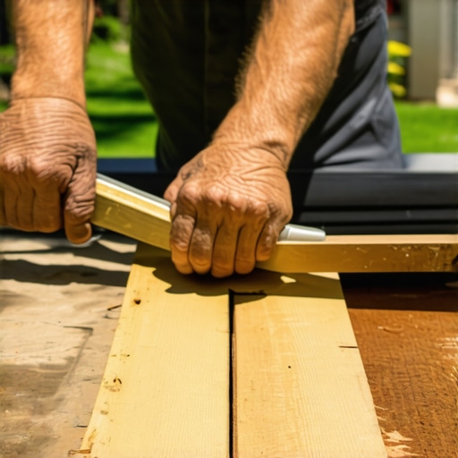 Hands carefully sealing deck joists with waterproof tape under sunlight