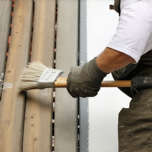 Homeowner using a brush to seal a wooden deck with waterproof membrane.