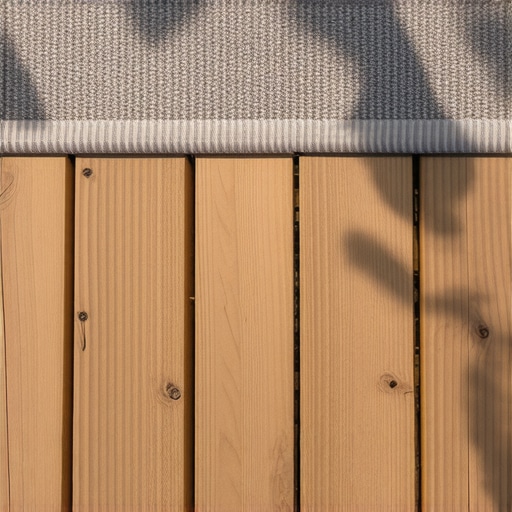 Close-up of a textured polypropylene outdoor rug on a deck, demonstrating durability and moisture resistance.