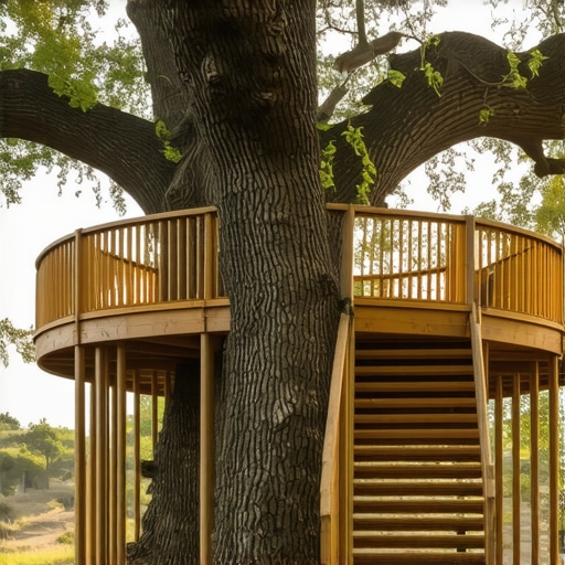 A modern outdoor deck constructed carefully around a large oak tree, showing support supports and stairs