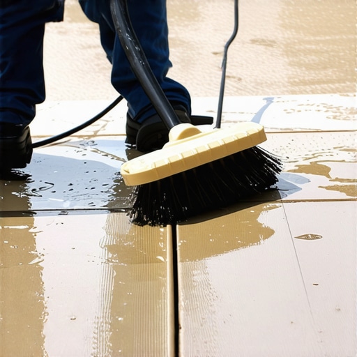 Person scrubbing a composite deck with a brush and rinsing with a garden hose