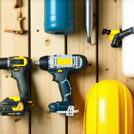 Professional tools for maintaining outdoor composite decks, including impact driver, sprayer, and safety equipment