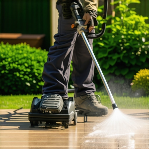 Person using a power washer to clean a composite deck outdoors