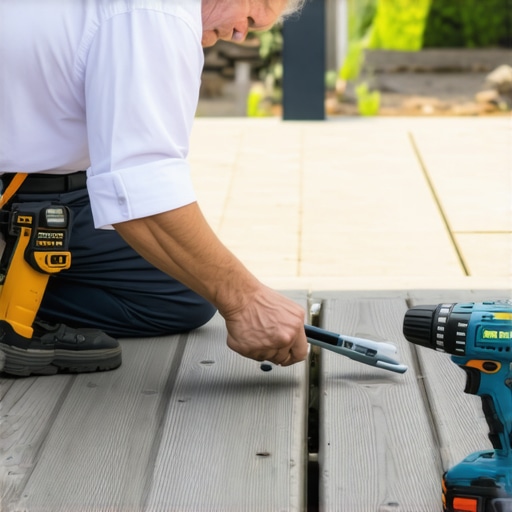 Effective Tools for Maintaining Your Deck Homeowner using a moisture meter and a cordless drill to inspect and maintain a wooden deck outdoors